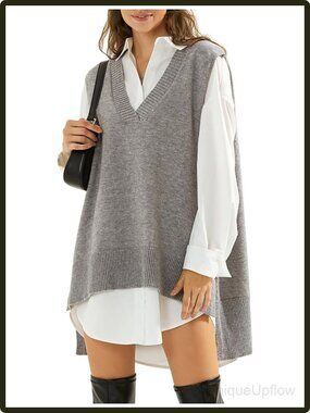 Sleeveless Knit V-Neck Oversized Tunic Sweater Vest